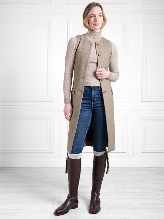 The Eleanor - Women's Longline Gilet - Almond Herringbone