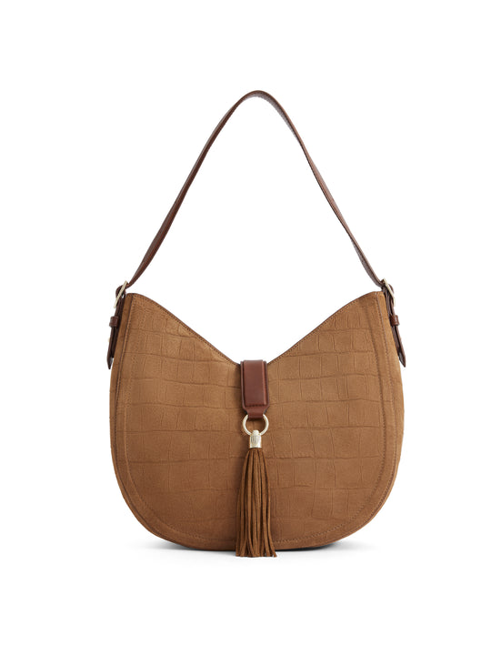 The Langham - Women's Hobo Bag - Tan Croc Print Suede