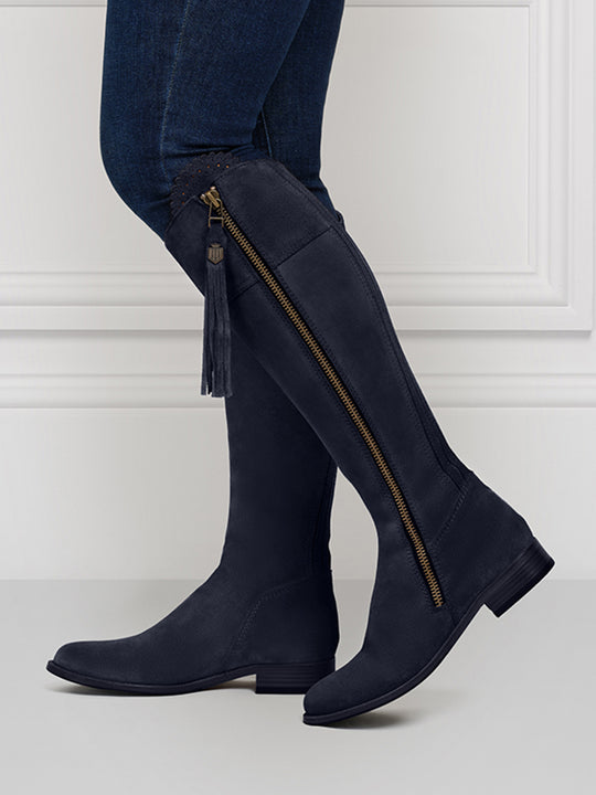 The Regina - Women's Tall Boots - Navy Blue Suede, Regular Calf