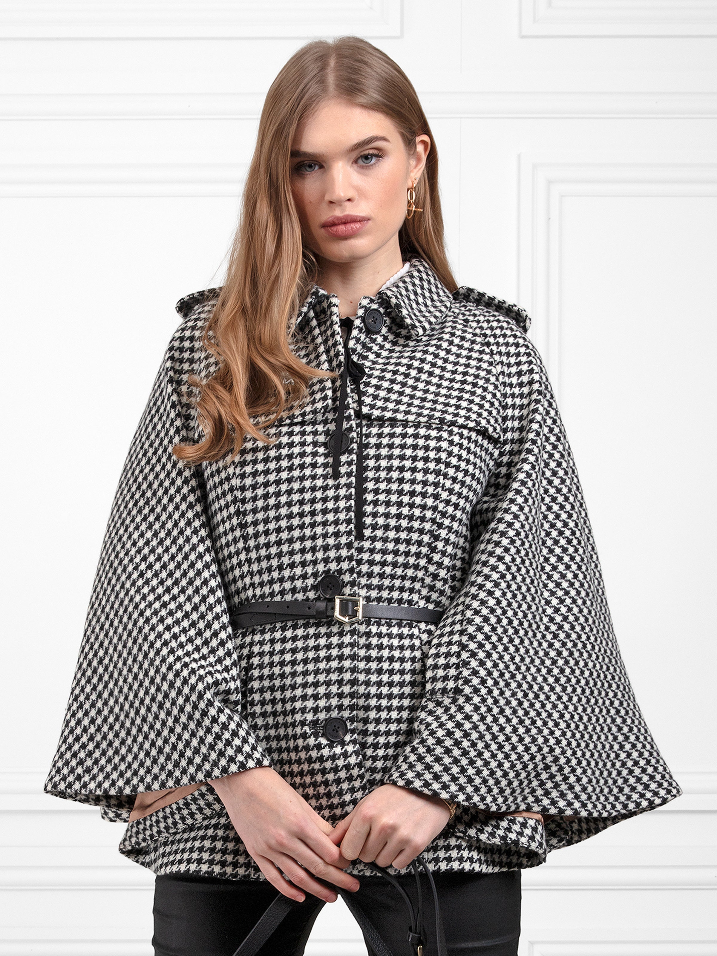 Sienna - Women's Cape - Monochrome Houndstooth | Fairfax & Favor