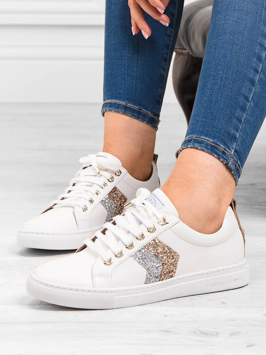 The Alexandra - Women's Trainers - White Leather, Silver & Gold Glitter