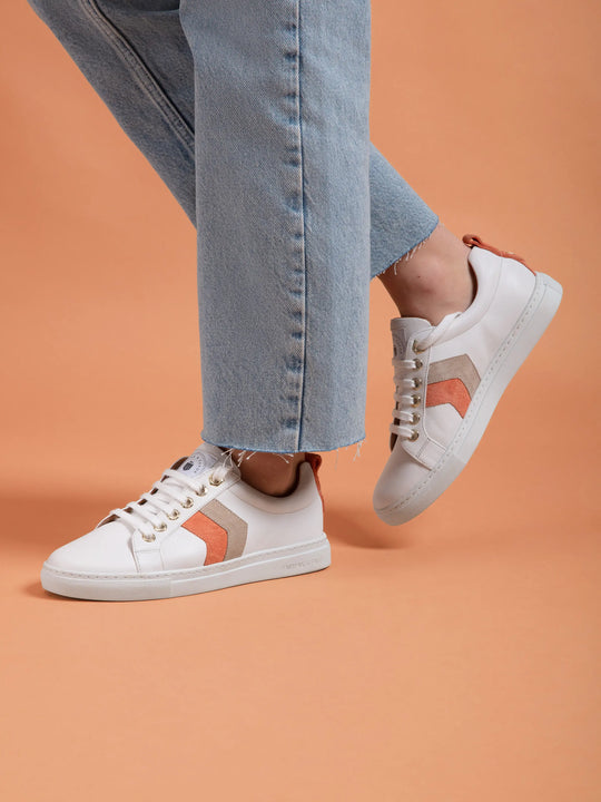 The Alexandra - Women's Trainers - White Leather with Melon & Stone Suede