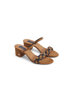 The Tuscany - Women's Mid Heel Sandal - Tan & Navy Suede