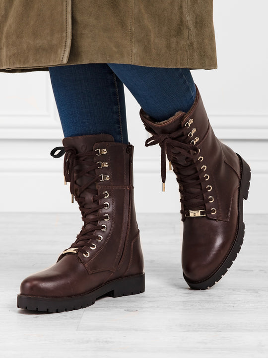 The Anglesey - Shearling Lined Combat Boots - Mahogany Leather