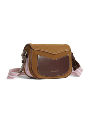 The Boston - Women's Cartridge Bag - Tan Suede & Pink Striped Webbing