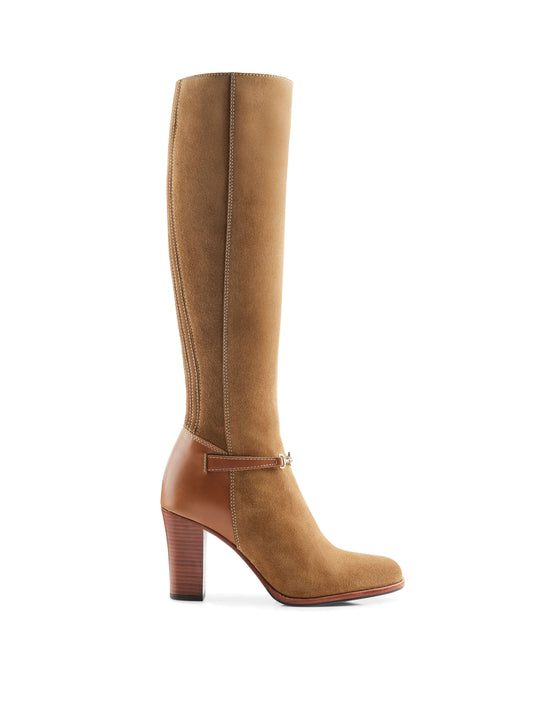 The Octavia - Women's Tall Heeled Boots - Tan Suede, Narrow Calf