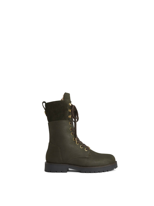 The Anglesey - Shearling Lined Combat Boots - Moss Green Nubuck