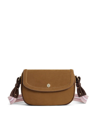 The Boston - Women's Cartridge Bag - Tan Suede & Pink Striped Webbing