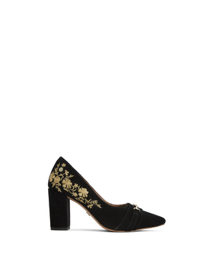 The Chantilly - Women's Block Court Shoes - Black Suede & Embroidery