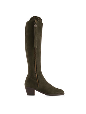 The Regina - Women's Tall Heeled Boots - Moss Green Suede, Narrow Calf