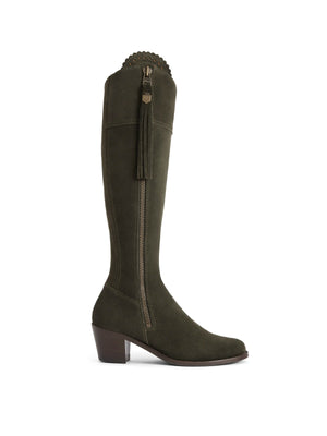 The Regina - Women's Tall Heeled Boots - Moss Green Suede, Regular Calf