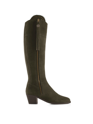 The Regina - Women's Tall Heeled Boots - Moss Green Suede, Sporting Calf