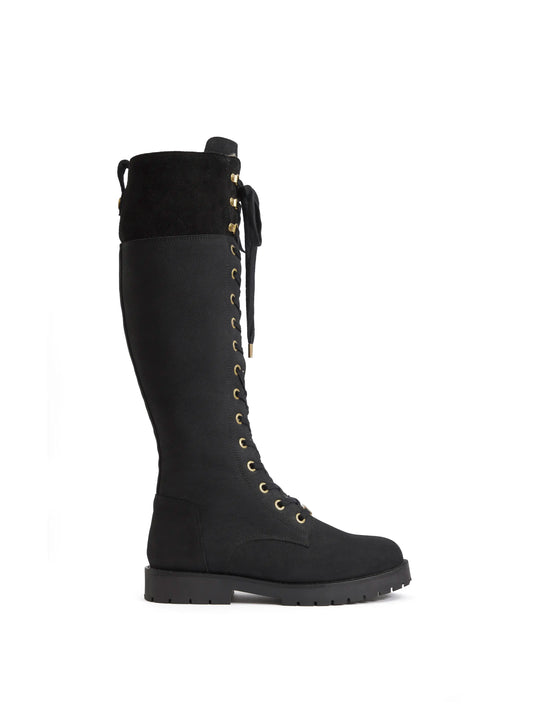 The Anglesey - Women's Knee-High Combat Boots - Black Nubuck & Suede