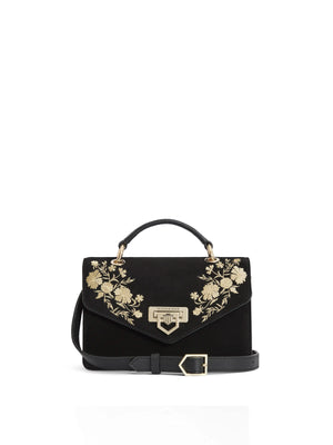 The Loxley - Women's Crossbody Bag - Black Suede & Gold Embroidery