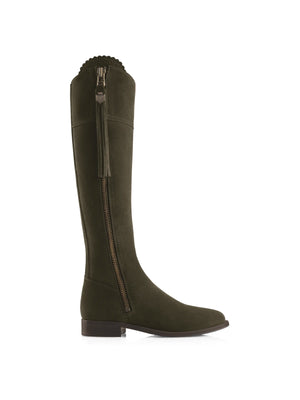 The Regina - Women's Tall Boots - Moss Green Suede, Narrow Calf