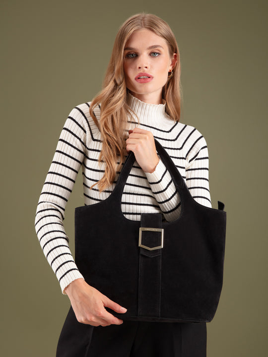 The Belmont - Women's Tote Bag - Black Suede