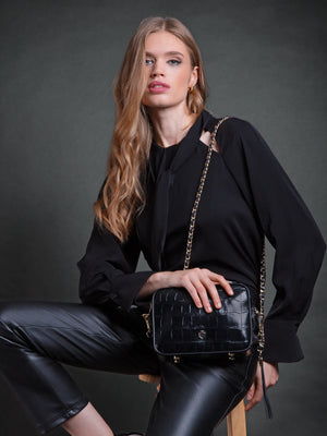 The Finsbury - Women's Crossbody Bag - Black Croc Print Leather