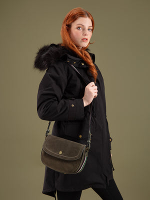 The Boston - Women's Cartridge Bag - Moss Suede & Striped Webbing