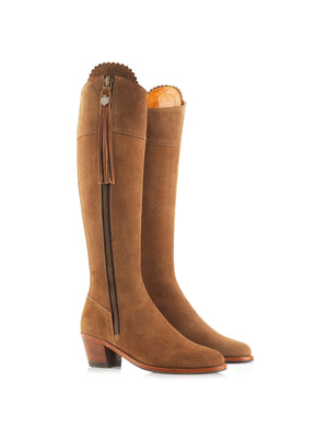 The Regina - Women's Petite Tall Heeled Boots - Tan Suede, Regular Calf