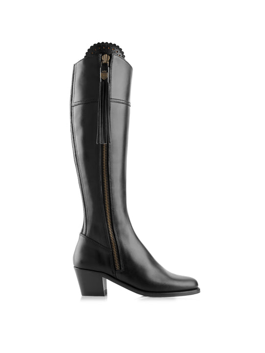 The Regina - Women's Tall Heeled Boots - Black Leather, Regular Calf