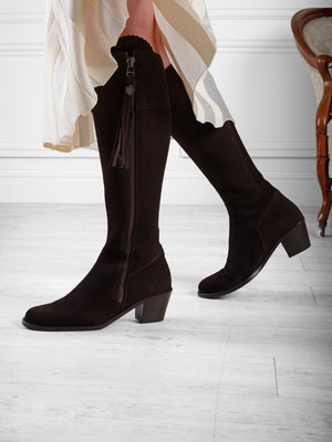 The Regina - Women's Tall Heeled Boots - Chocolate Suede, Narrow Calf