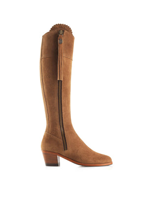 The Regina - Women's Petite Tall Heeled Boots - Tan Suede, Regular Calf