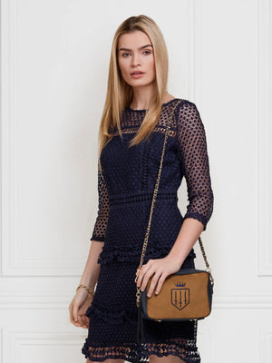 The Finsbury - Women's Crossbody Bag - Tan & Navy Suede