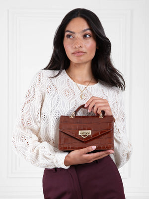 The Loxley - Women's Crossbody Bag - Conker Croc Print Leather