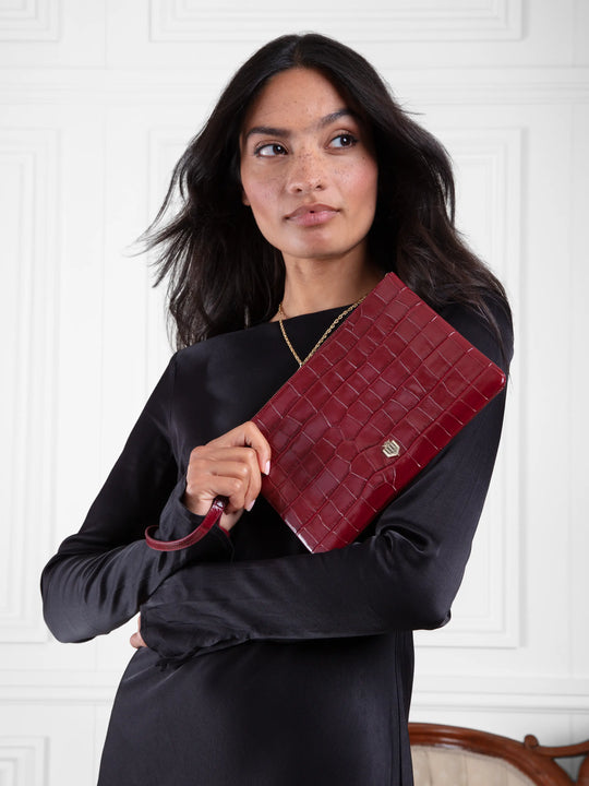 The Highbury - Women's Clutch Bag - Ruby Croc Print Leather