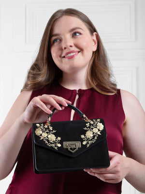 The Loxley - Women's Crossbody Bag - Black Suede & Gold Embroidery