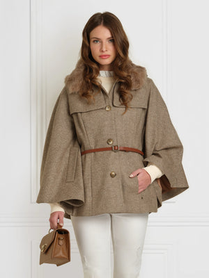 The Sienna - Women's Wool Cape - Taupe Herringbone with Removable Toscana Collar