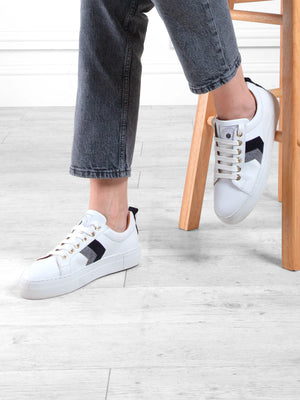 The Alexandra - Women's Platform Sneakers - White Leather with Denim & Navy Suede