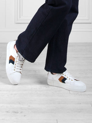 The Alexandra - Women's Platform Trainers - White Leather with Tan & Navy Suede