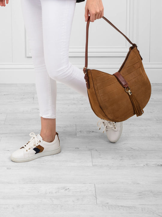 The Langham - Women's Hobo Bag - Tan Croc Print Suede