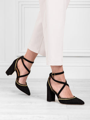 Fiyaa Black Suede Lace-Up Chunky High Heel Sandals | Heels, Black lace up  heels, Sandals heels