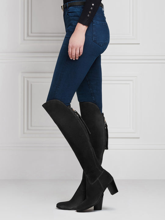 The Amira - Women's Over-the-Knee Heeled Boots - Black Suede