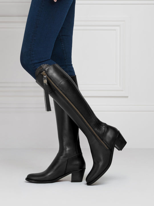 The Regina - Women's Tall Heeled Boots - Black Leather, Regular Calf