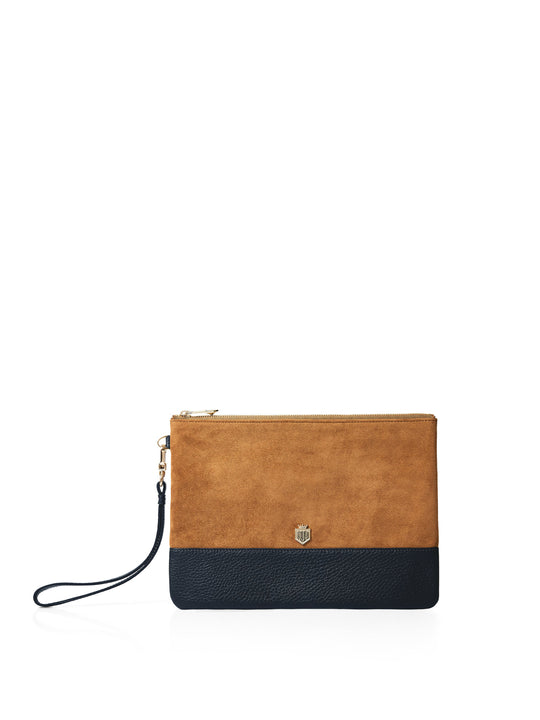 The Highbury - Women's Clutch Bag - Tan & Navy Suede