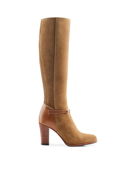 The Octavia - Women's Tall Heeled Boots - Tan Suede, Regular Calf