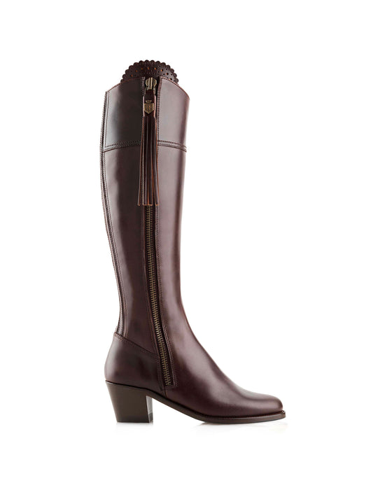 The Regina - Women's Tall Heeled Boots - Mahogany Leather, Regular Calf