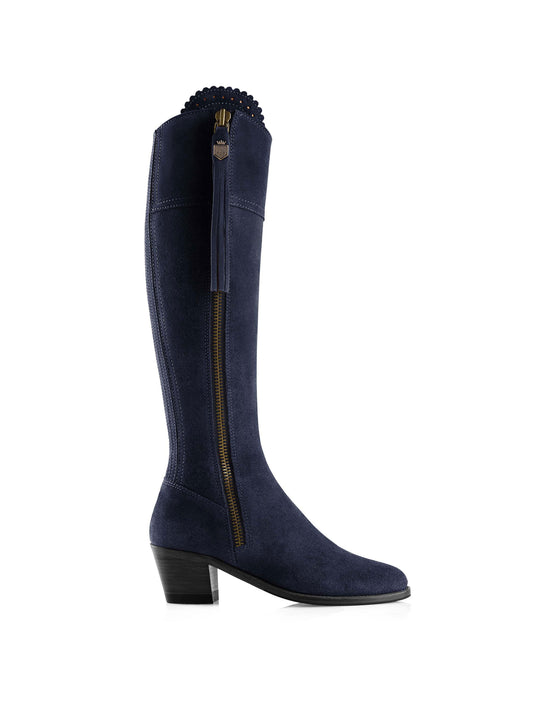 The Regina - Women's Tall Heeled Boots - Navy Blue Suede, Regular Calf